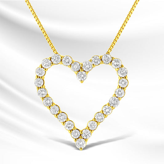 14K Yellow Gold Plated .925 Sterling Silver 2.00 Cttw Shared Prong-Set Round Brilliant-Cut Diamond Open Heart 18" Pendant Necklace (K-L Color, I2-I3 Clarity)