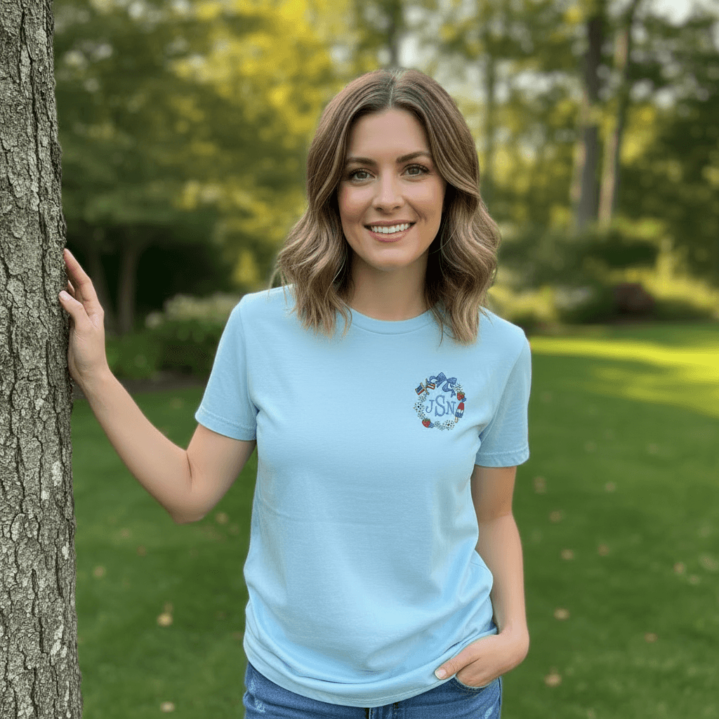 Land of Liberty Oversized Patriotic Monogram Frame Embroidered Shirt | 4th of July