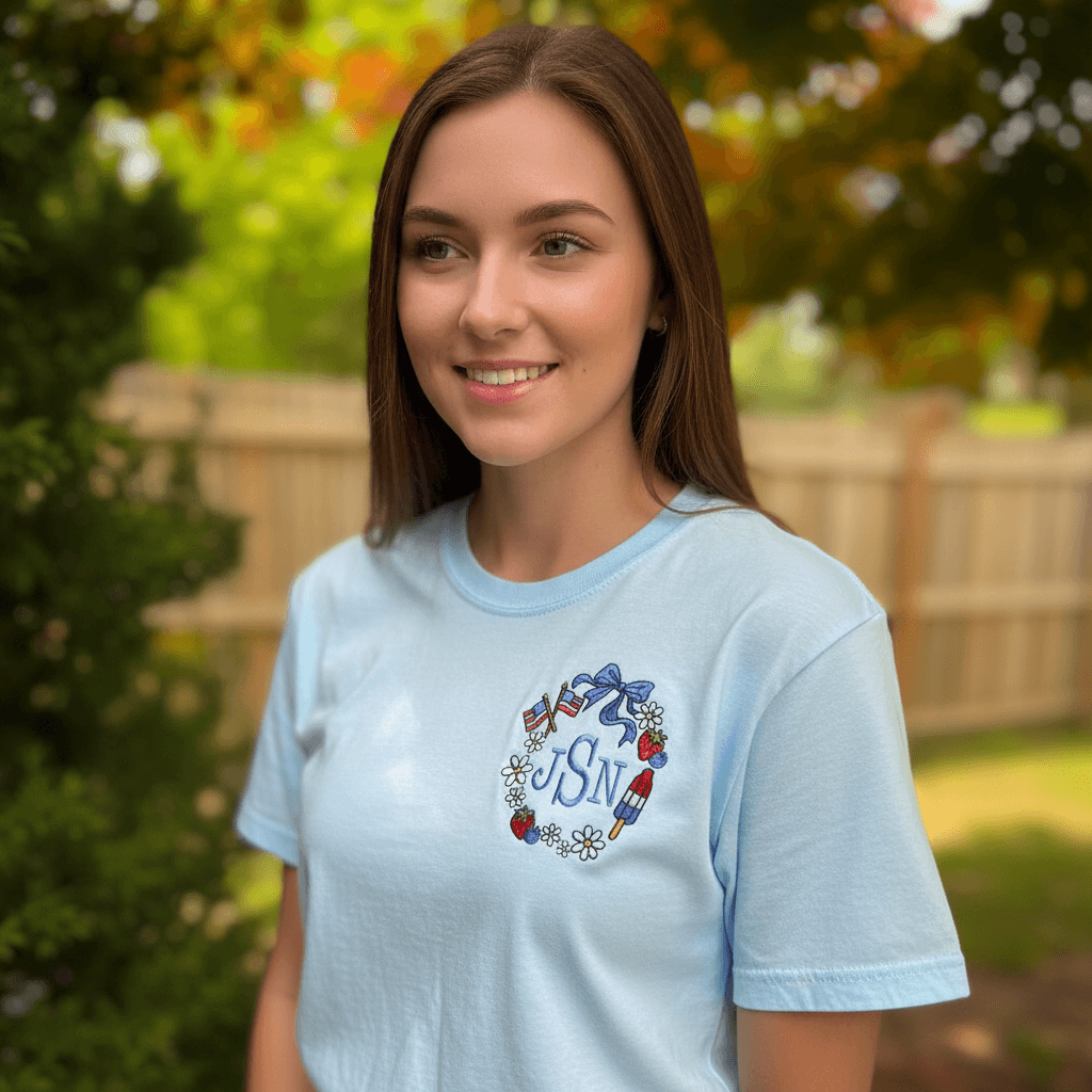 Land of Liberty Oversized Patriotic Monogram Frame Embroidered Shirt | 4th of July