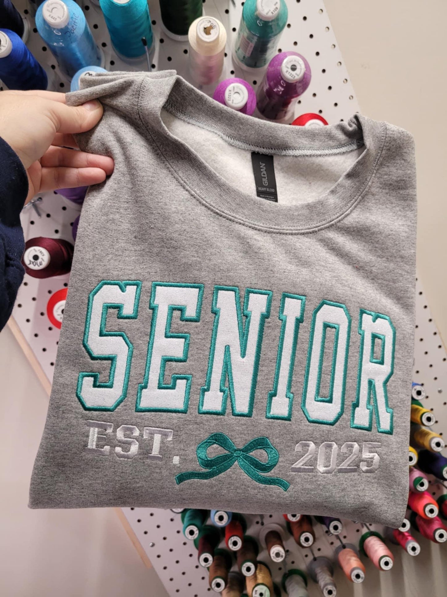Senior EST Coquette Varsity Shirt | Embroidered Glitter HTV Appliqué Graduation Tee, Sweatshirt & Hoodie