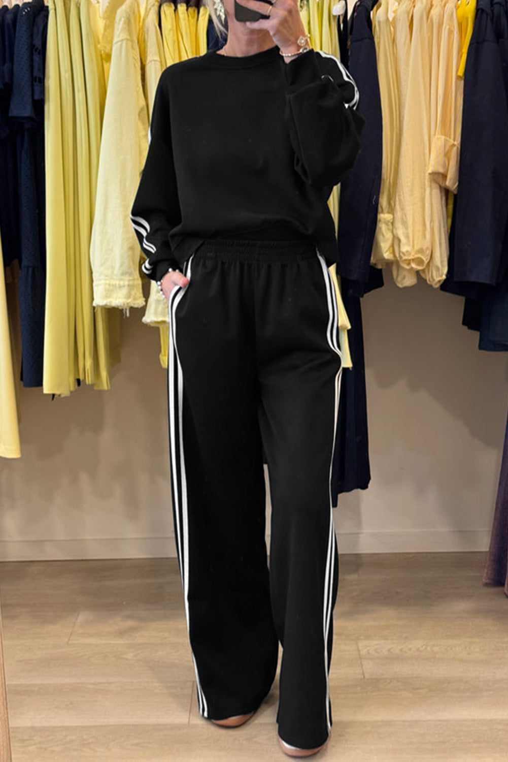 Dirty blue Varsity Striped Detail Crewneck Pullover Elastic Sweatpants 2pcs Outfit