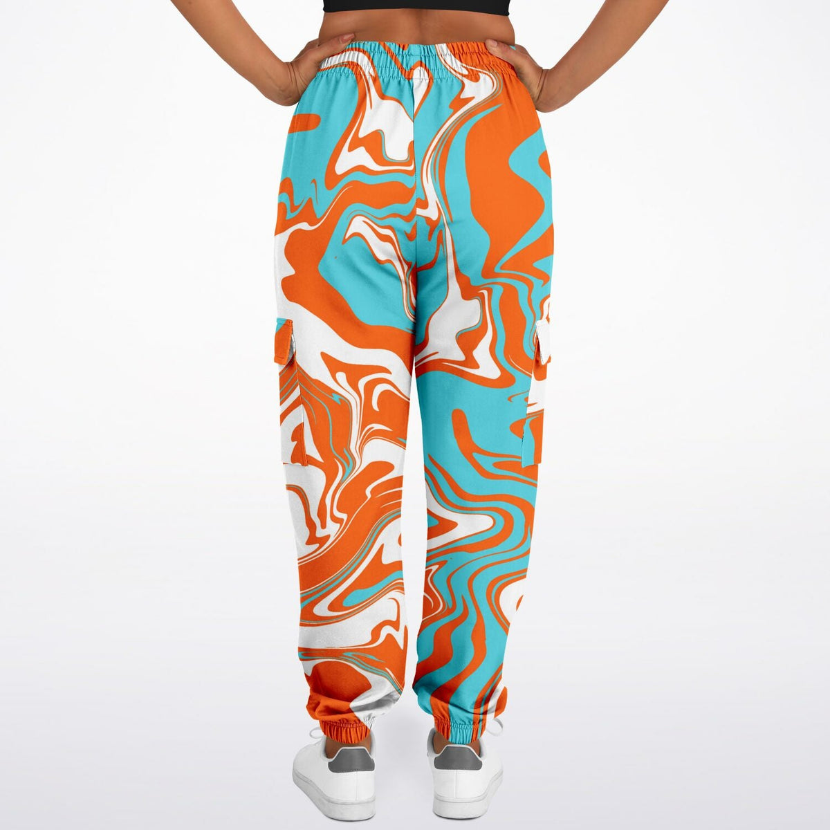 Orange Turquoise and White Oil Spill Unisex Cargo Joggers (Fleece Lined)