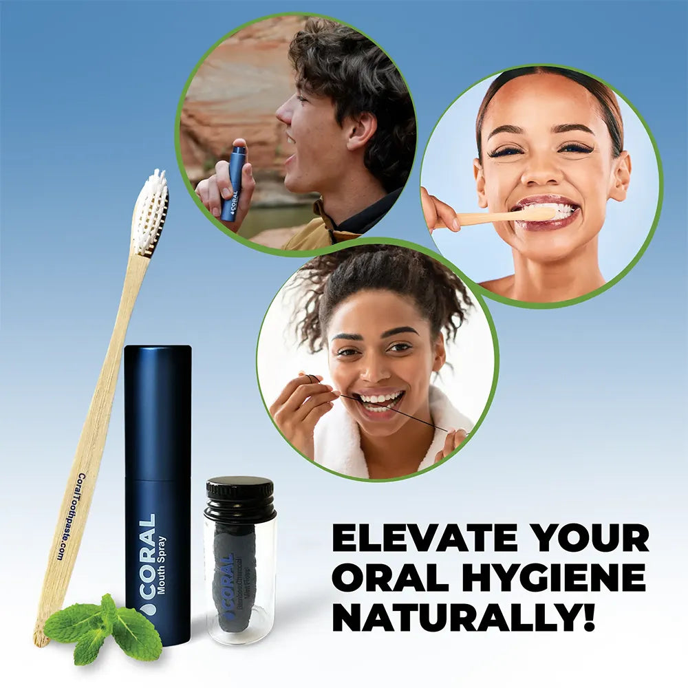 Coral Mouth Spray, Bamboo Mint Floss, and Bamboo Toothbrushes Bundle