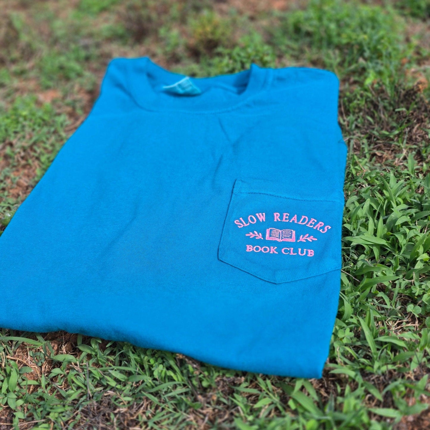 Slow Readers Club Embroidered Pocket Tee | Comfort Colors 6030 | Bookish Embroidery