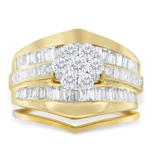 14K Yellow Gold 2-1/3 Cttw Diamond Cluster Channel Set Chevron Shaped Band Engagement Ring & Wedding Band Set
