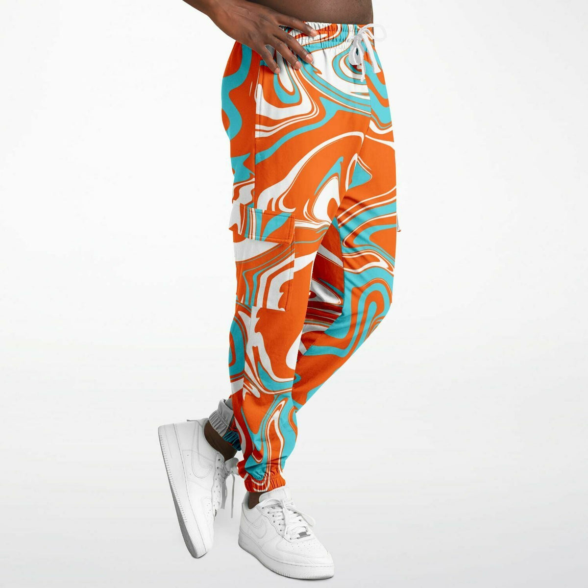 Orange Turquoise and White Oil Spill Unisex Cargo Joggers (Fleece Lined)