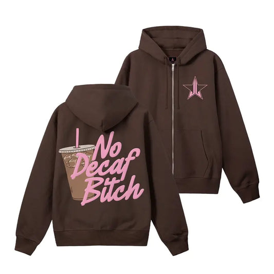 "No Decaf" Enthusiast Zip-Up Hoodie – Coffee Lover Brown Midweight Jacket