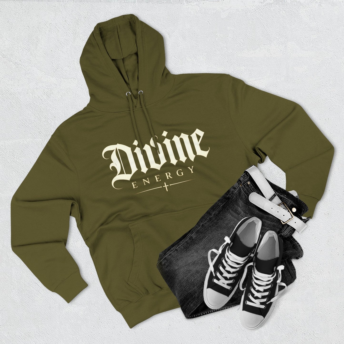 Divine Energy Hoodie — Gothic Script Faith Graphic | Wear Your Worship