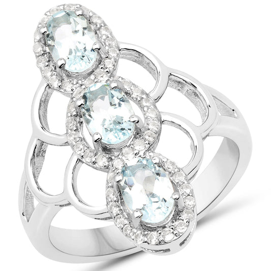 1.54 Carat Genuine Aquamarine and White Zircon .925 Sterling Silver Ring