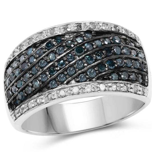 0.80 Carat Genuine Blue Diamond and White Diamond .925 Sterling Silver Ring
