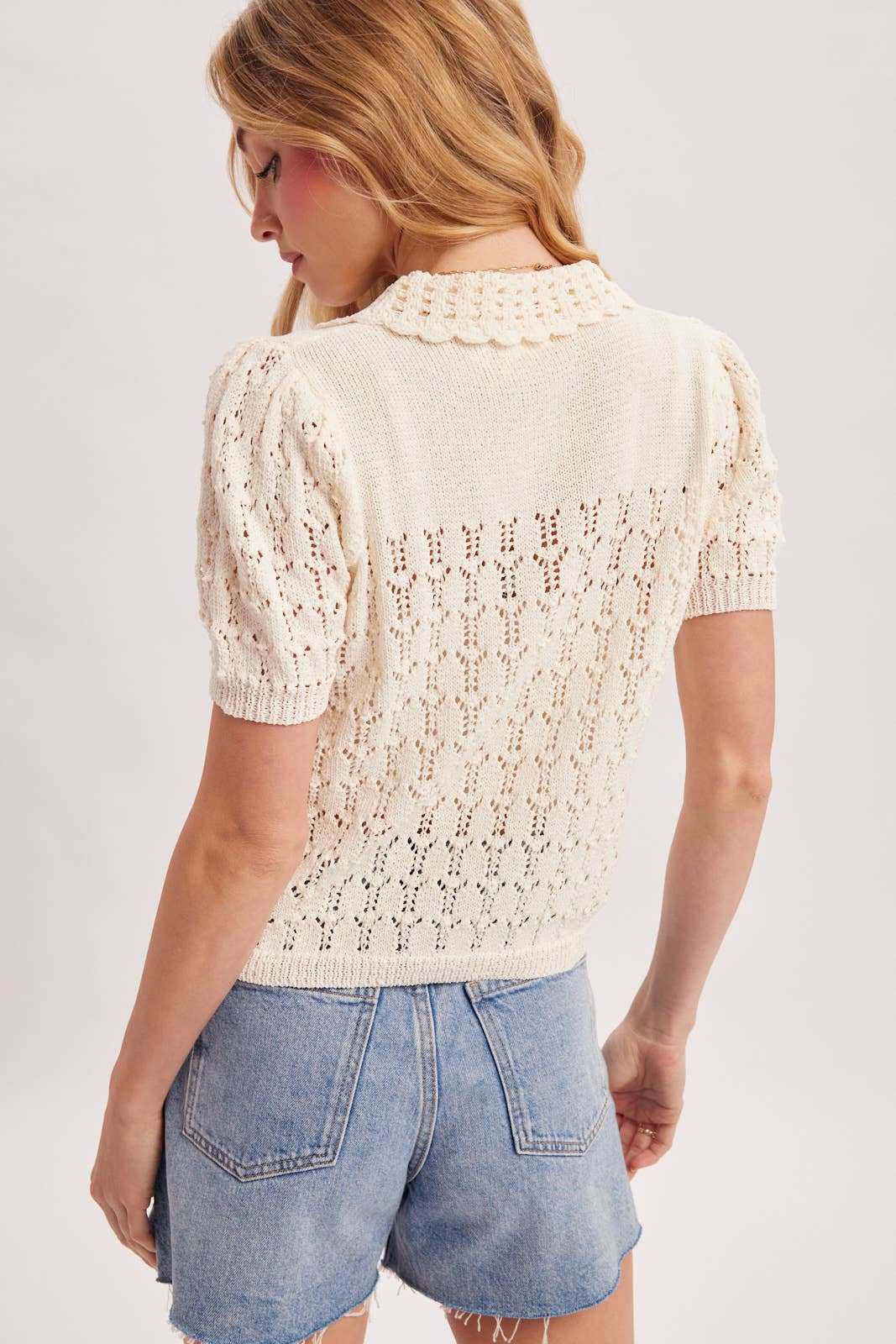 POINTELLE BUTTON DOWN SHIRT KNIT CARDIGAN: IVORY