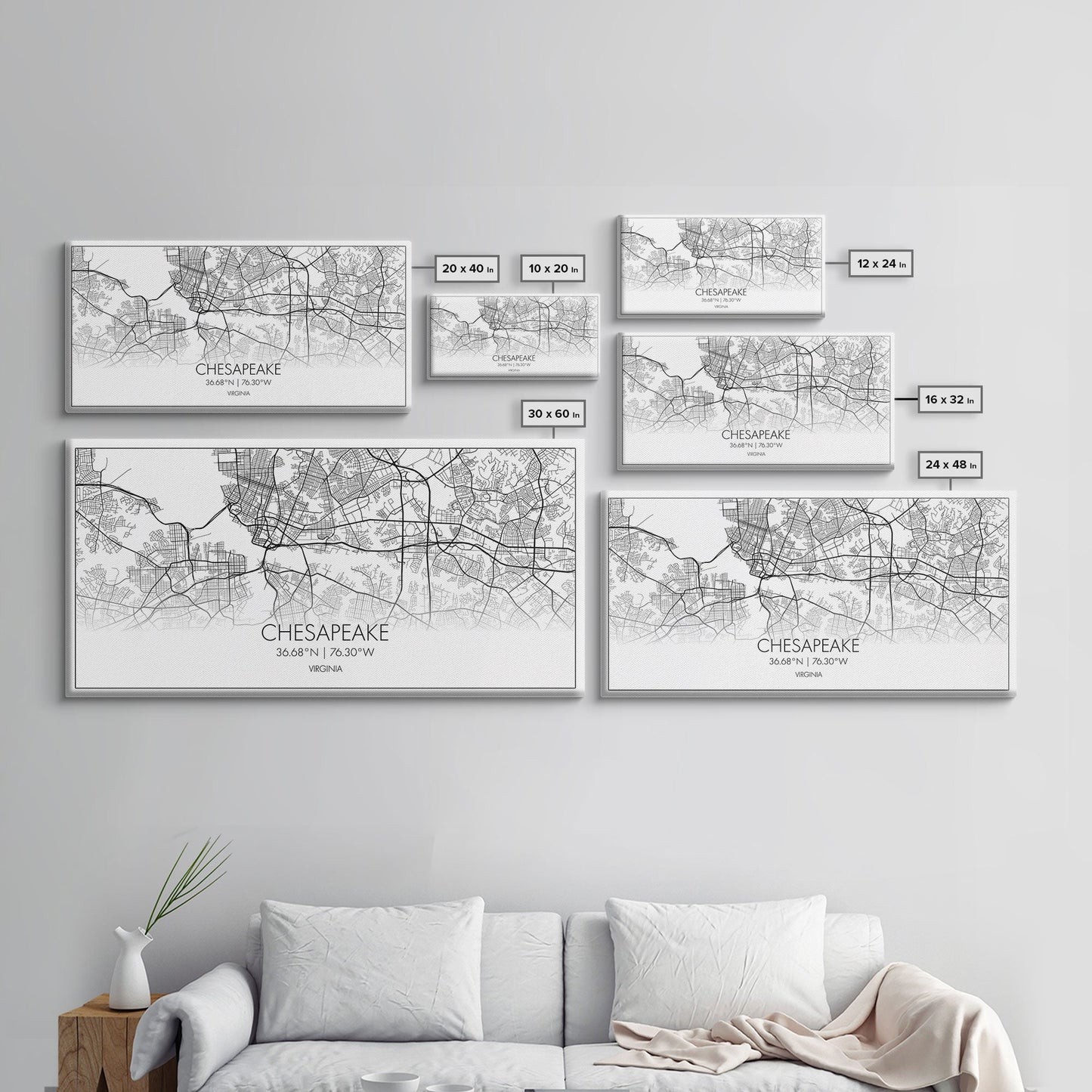 Chesapeake Street Map, Virginia Map, Map Print, Modern Art, Wall Art, Canvas Art, Gift For Friend, Teen Bedroom Décor, Rustic Mantle Décor