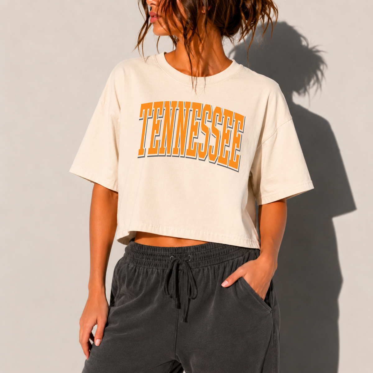 Tennessee Vintage Arch Boxy Cropped Graphic Tee | Ivory Mid-Length College Style Shirt