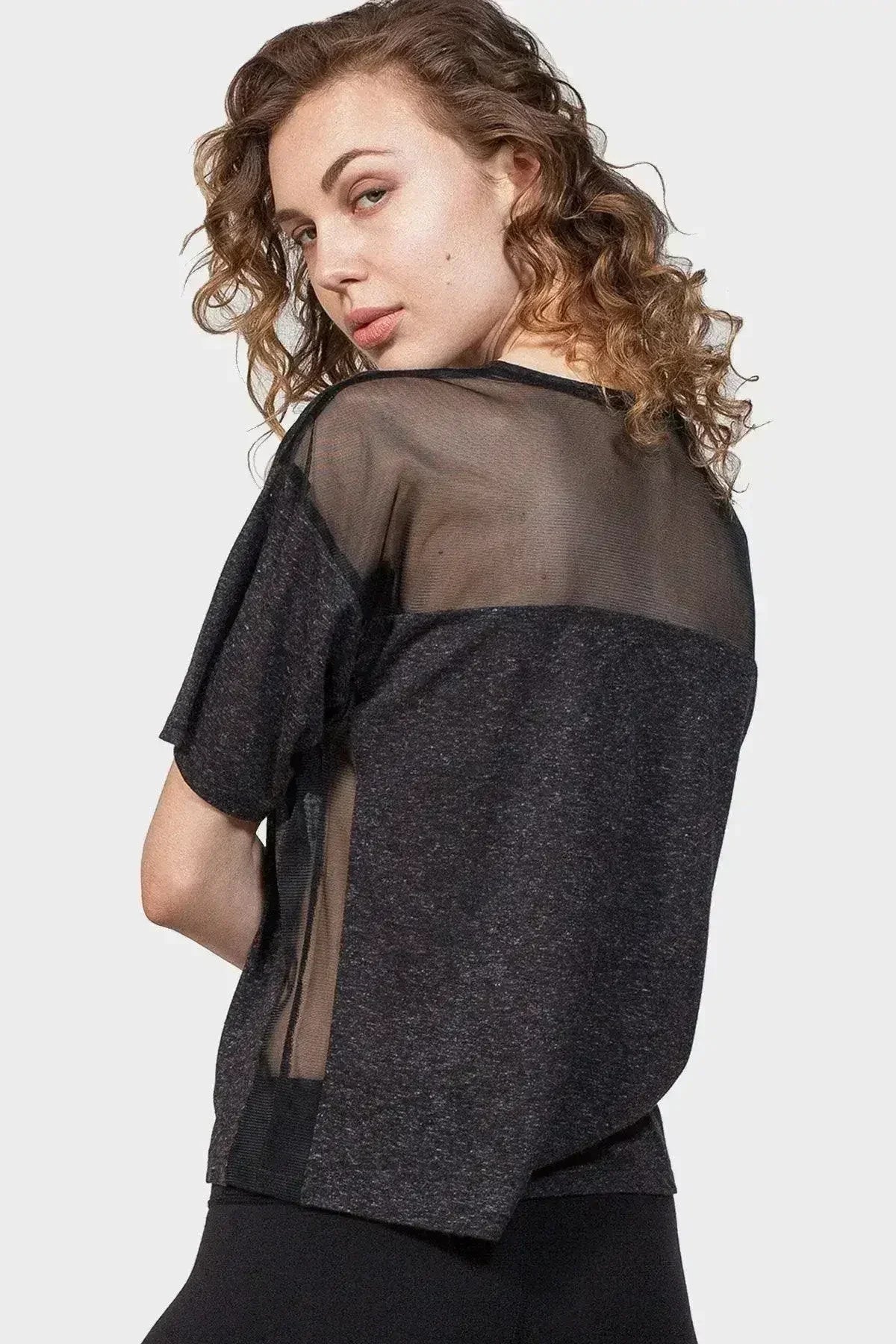 Back Mesh Yoke Top – Sexy Black Crew Neck with Peek-a-Boo Mesh