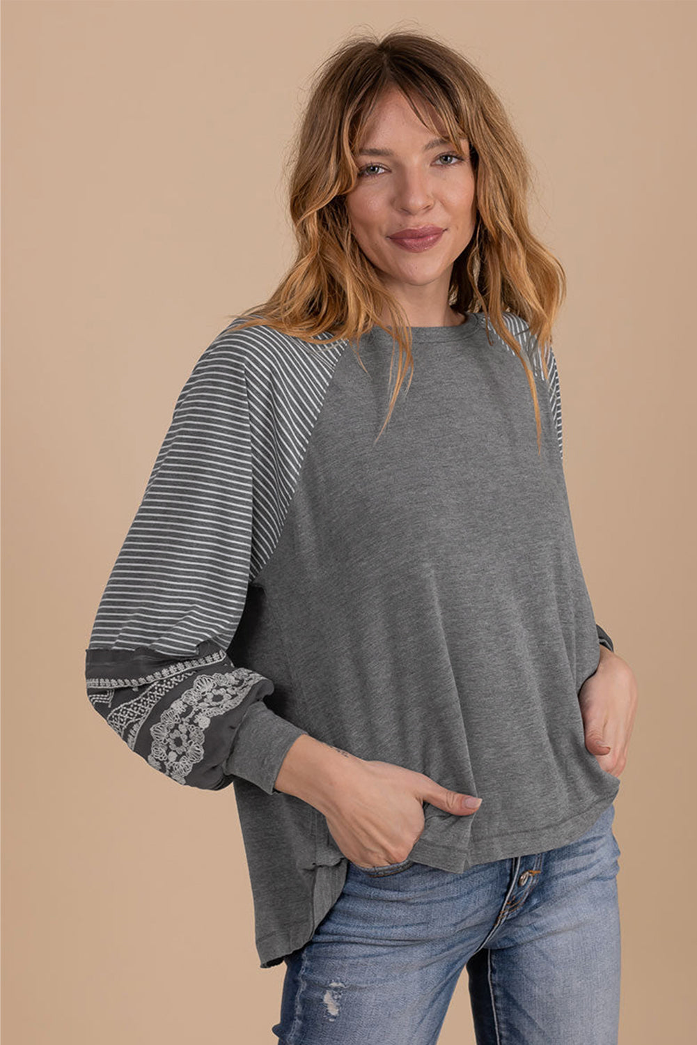 Tillandsia Purple Contrast Print Striped Raglan Long Sleeve Loose Top
