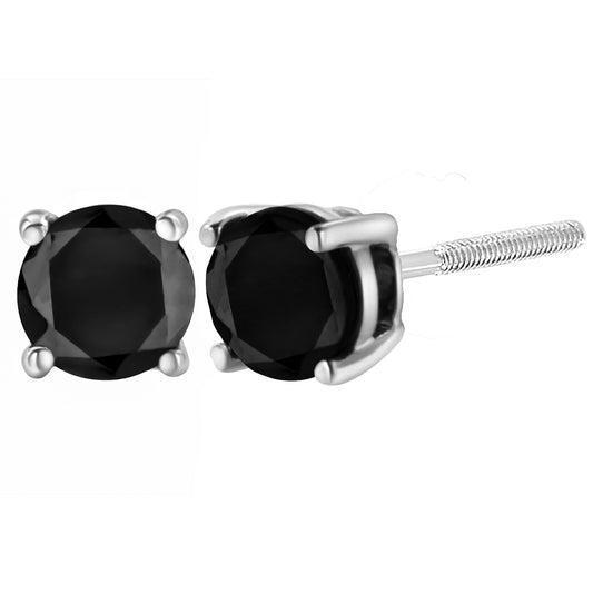 .925 Sterling Silver 4.00 Cttw Round Brilliant-Cut Black Diamond Bezel-Set Stud Earrings with Screw Backs (Fancy Color-Enhanced, I2-I3 Clarity)