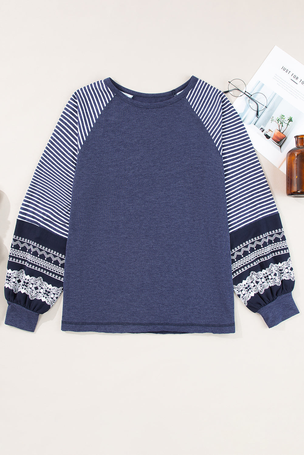 Tillandsia Purple Contrast Print Striped Raglan Long Sleeve Loose Top