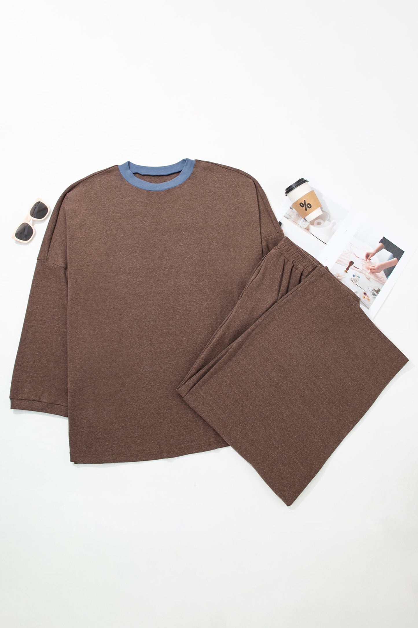 Plus Size Colorblock Trim Long Sleeve Top & Pant Set
