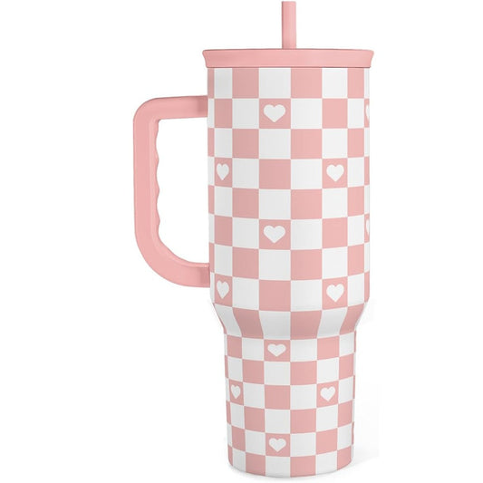 Coral Checker Heart Slidemate | Slider Tumbler with Handle 40oz