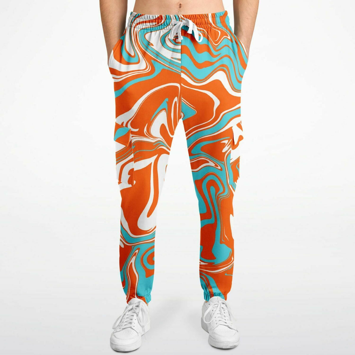 Orange Turquoise and White Oil Spill Unisex Cargo Joggers (Fleece Lined)
