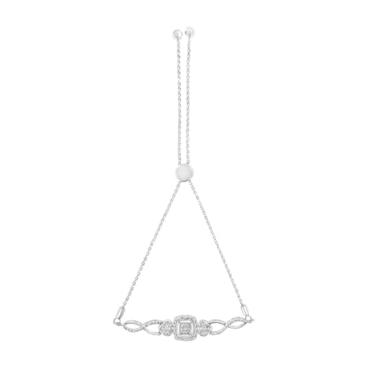 .925 Sterling Silver Diamond Cushion Frame Heart-Sides Twist 4â€-10â€ Adjustable Bolo Tennis Bolo Bracelet (I-J Color, I3 Clarity)