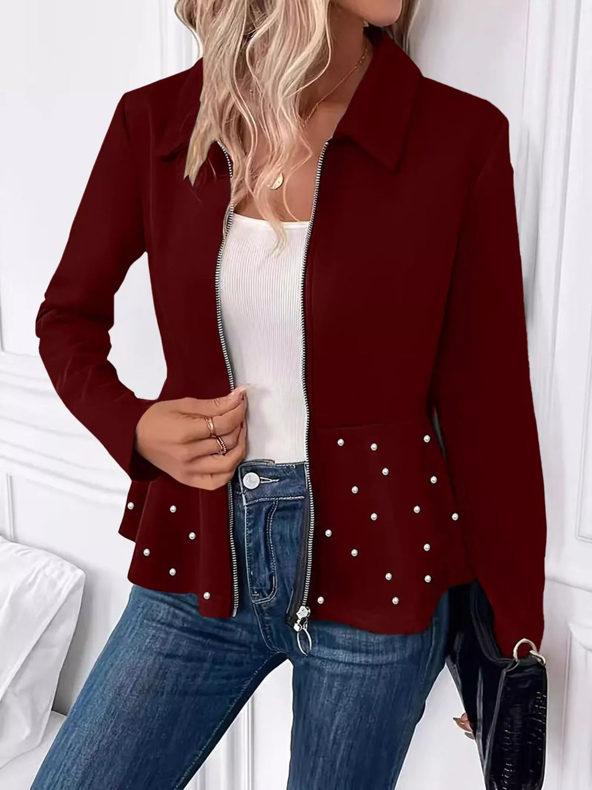 Pearl Embellished Zip-Up Peplum Outerwear