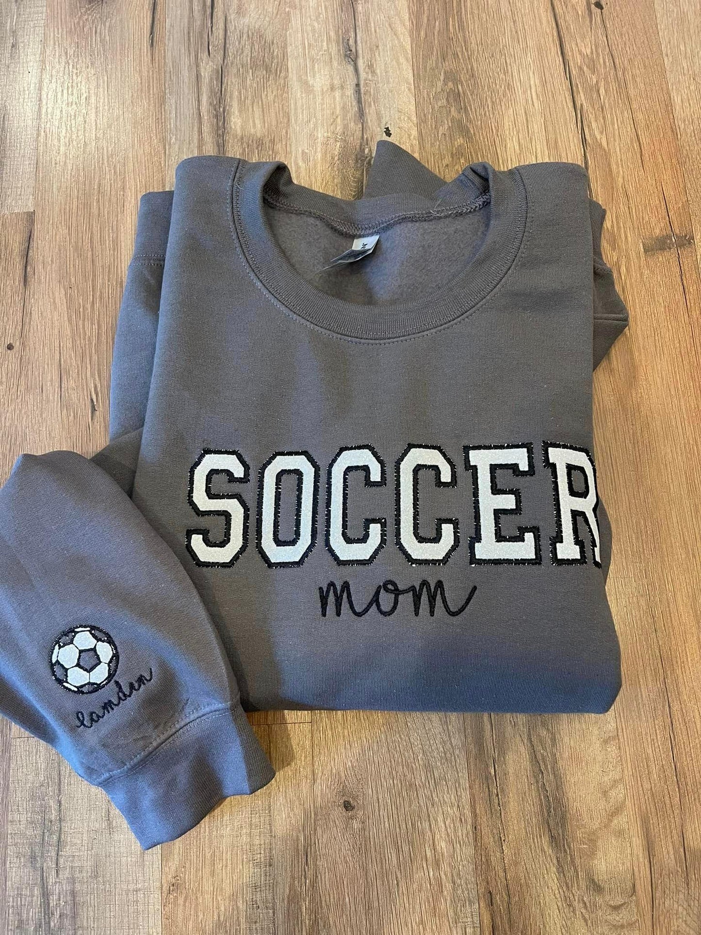 Sport Mom Glitter Applique with Name and Icon on sleeve Embroidered CC Short Sleeve or Sweatshirt