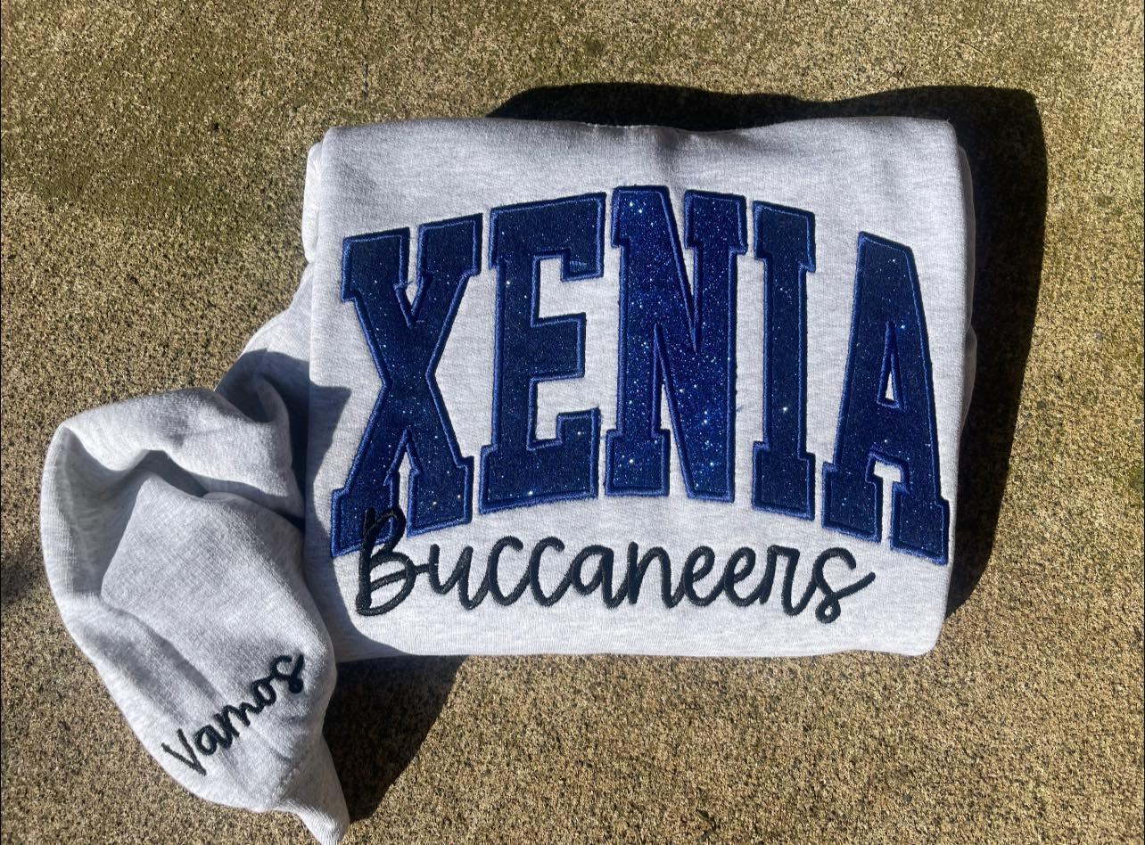 Varsity Glitter Applique Embroidered Shirt | Custom September Script & Personalized Sleeve | Merch Girls