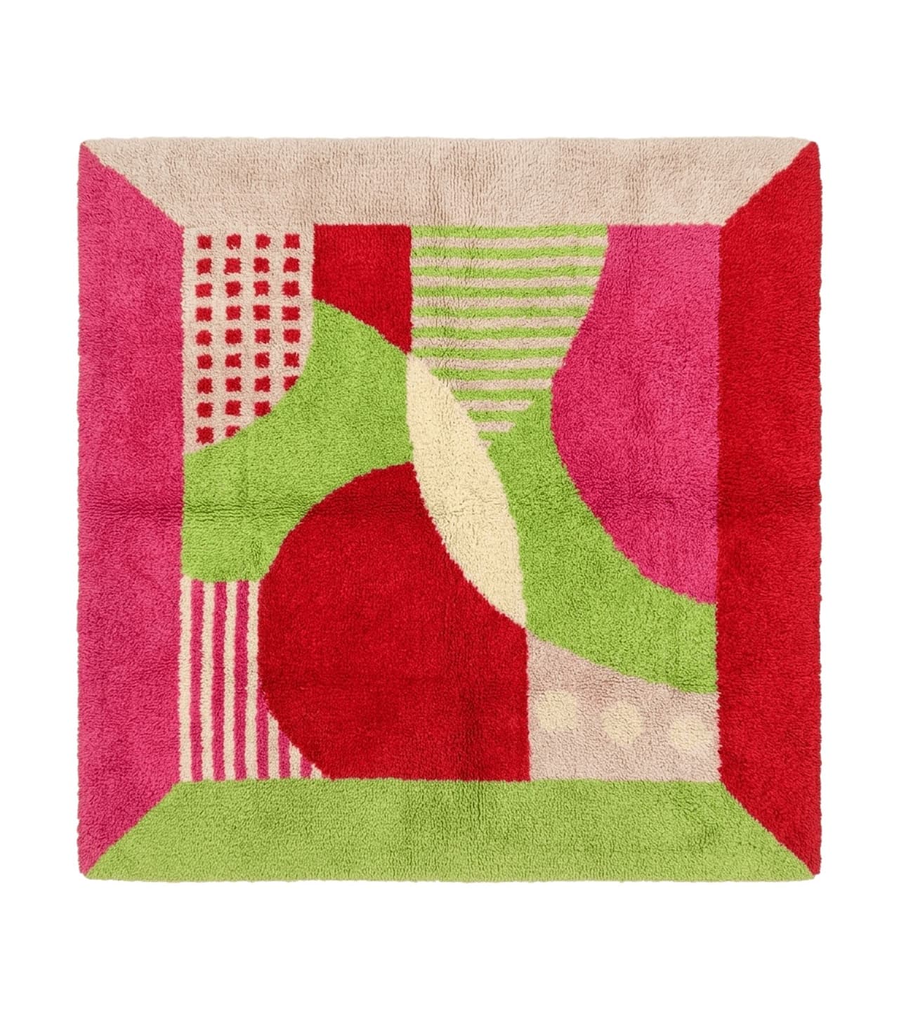European Shag Rug 4.8 x 4.8, Modern Abstract Design, Green Pink Red, Square Shag Rug, Unique