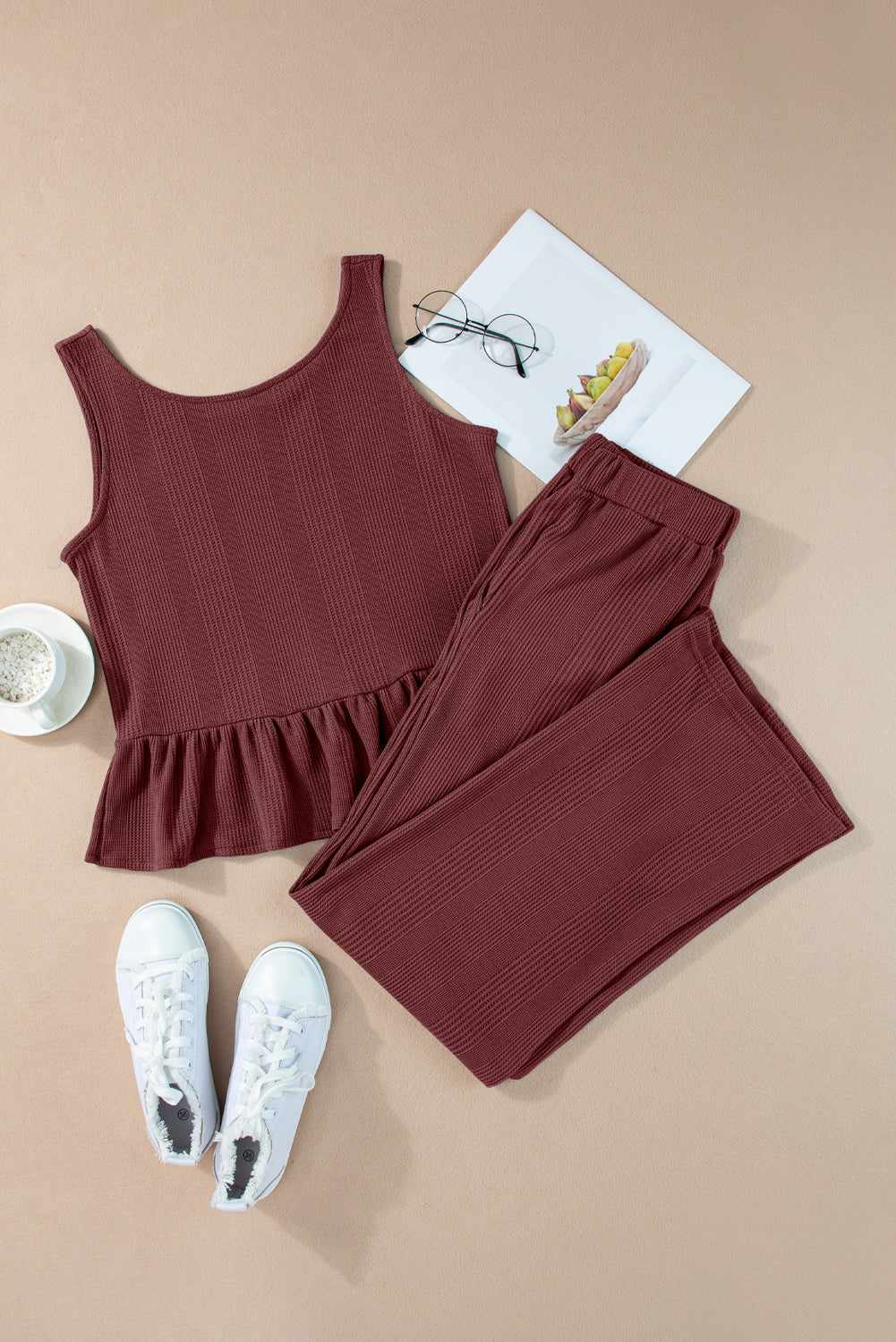 Duffel Green Solid Color Ribbed Ruffle Tank Top and Pants Set