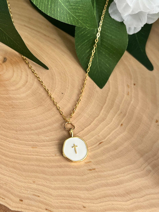 Gold Necklace 18K White Cross Pendant