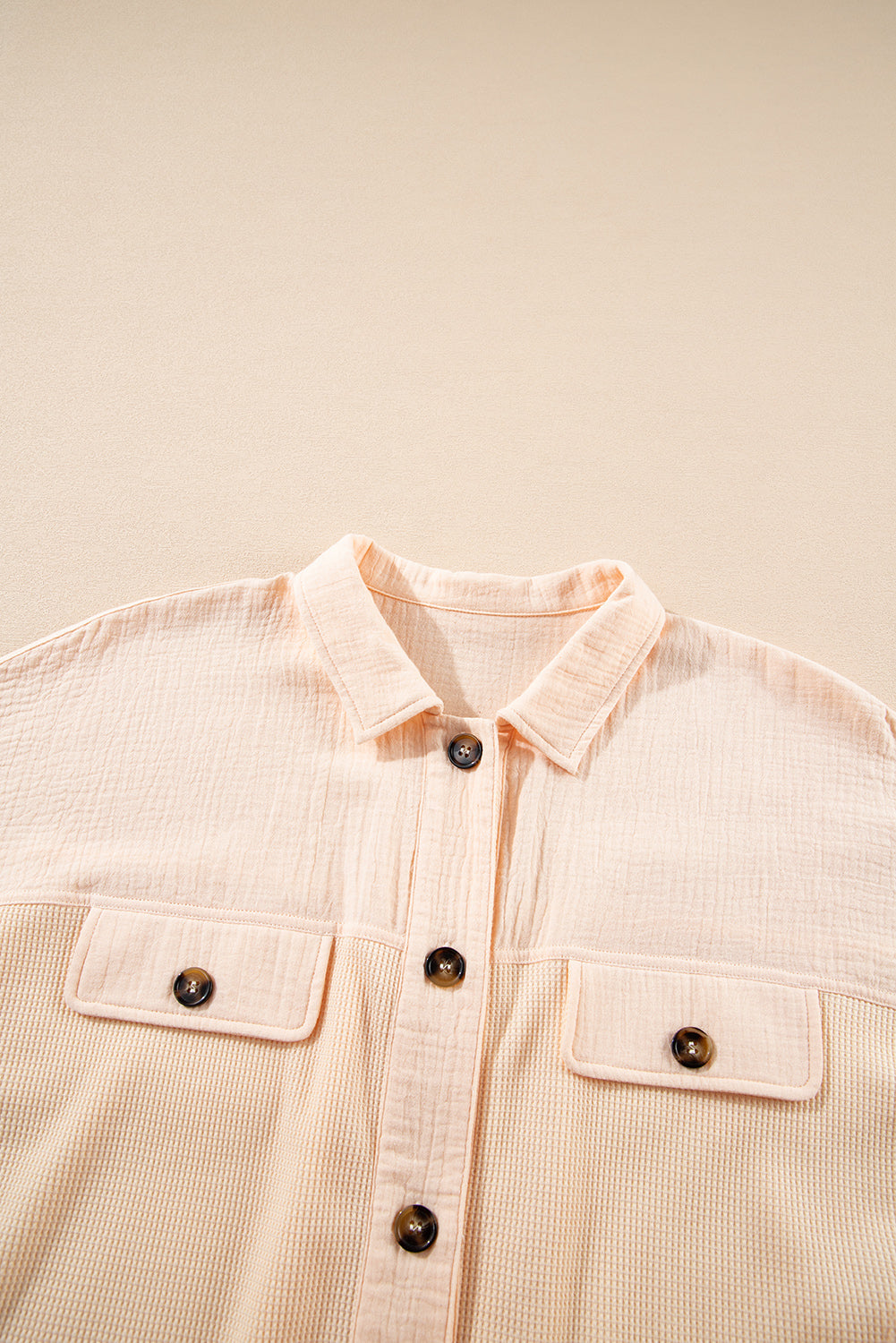 Beige Waffle Splicing Short Batwing Sleeve Flap Detail Shirt