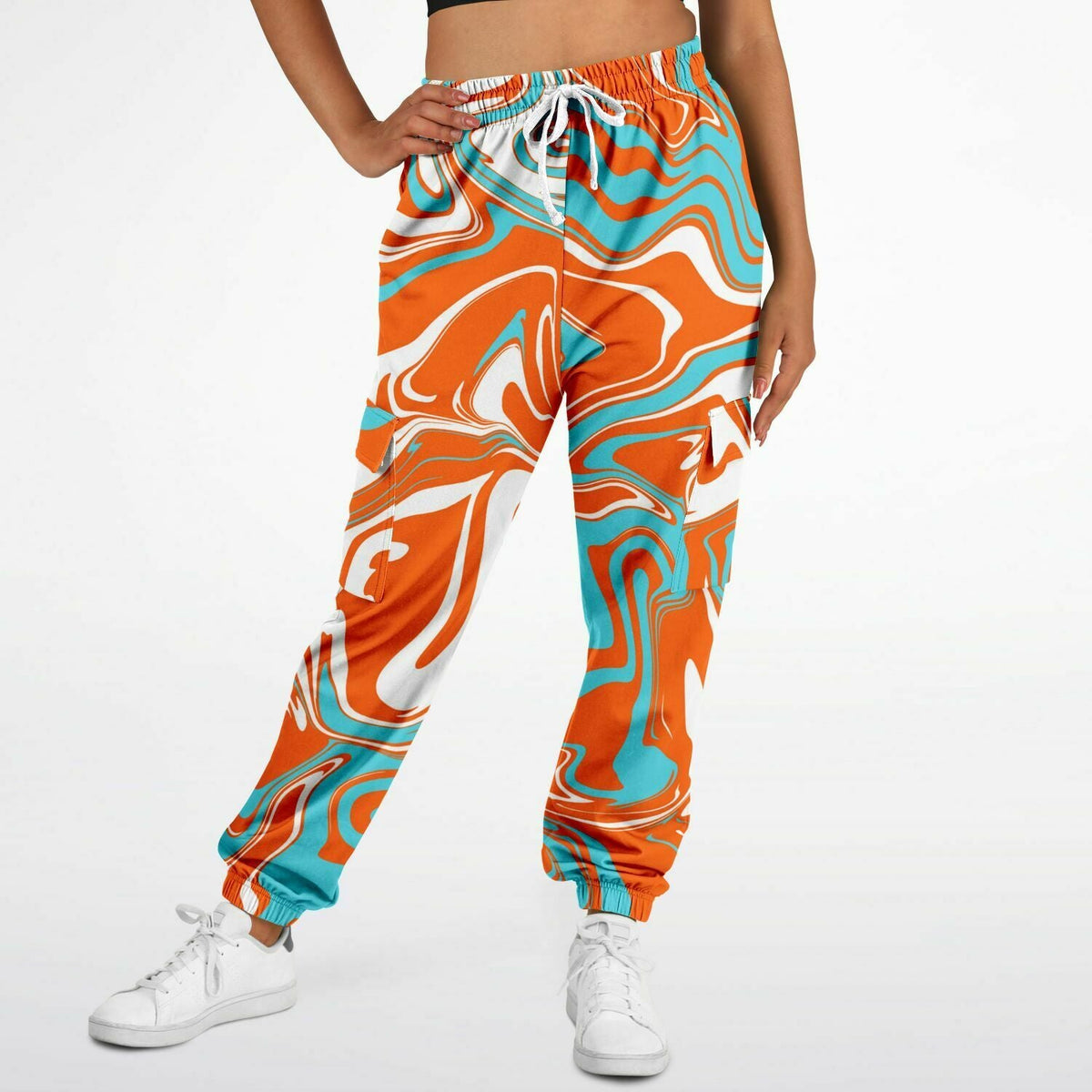 Orange Turquoise and White Oil Spill Unisex Cargo Joggers (Fleece Lined)