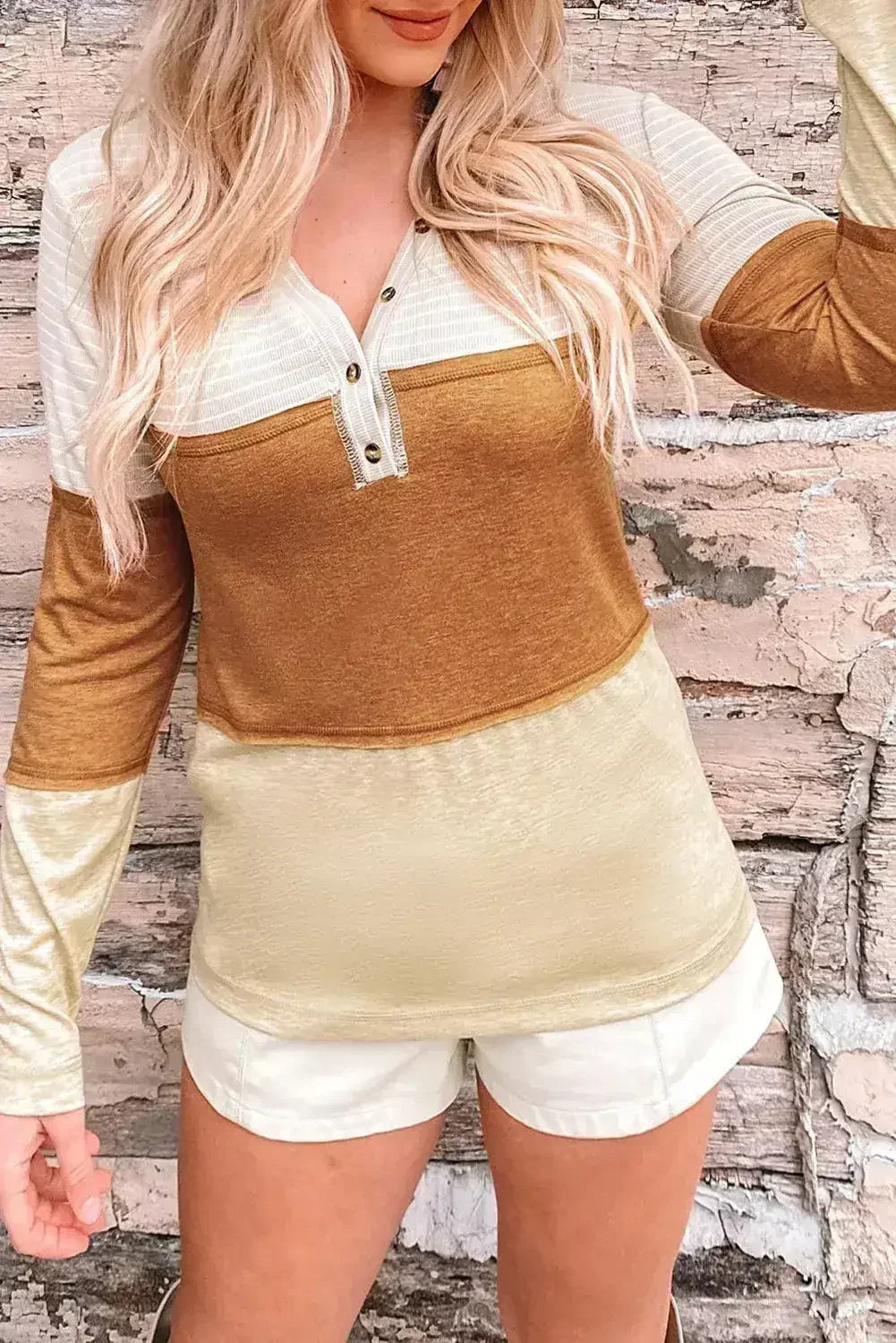 Orange Color Block Henley Top - Striped V-Neck Knit | Femstylo