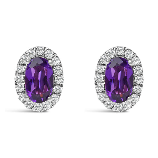 10K White Gold 5x3 MM Oval Purple Amethyst and Diamond Halo Stud Earrings (I-J Color, I1-I2 Clarity)