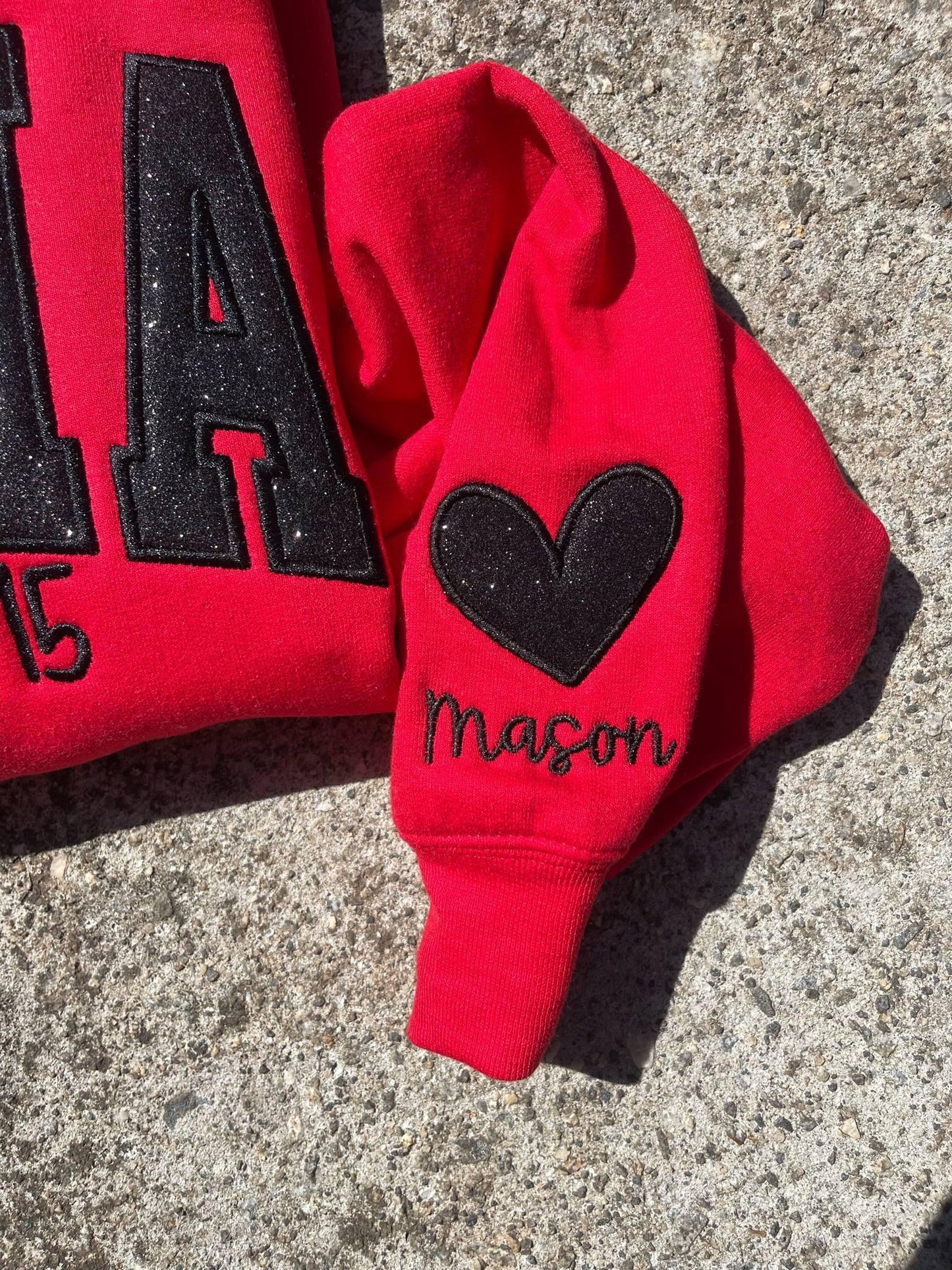 Varsity Glitter Applique Embroidered Shirt | Custom September Script & Personalized Sleeve | Merch Girls
