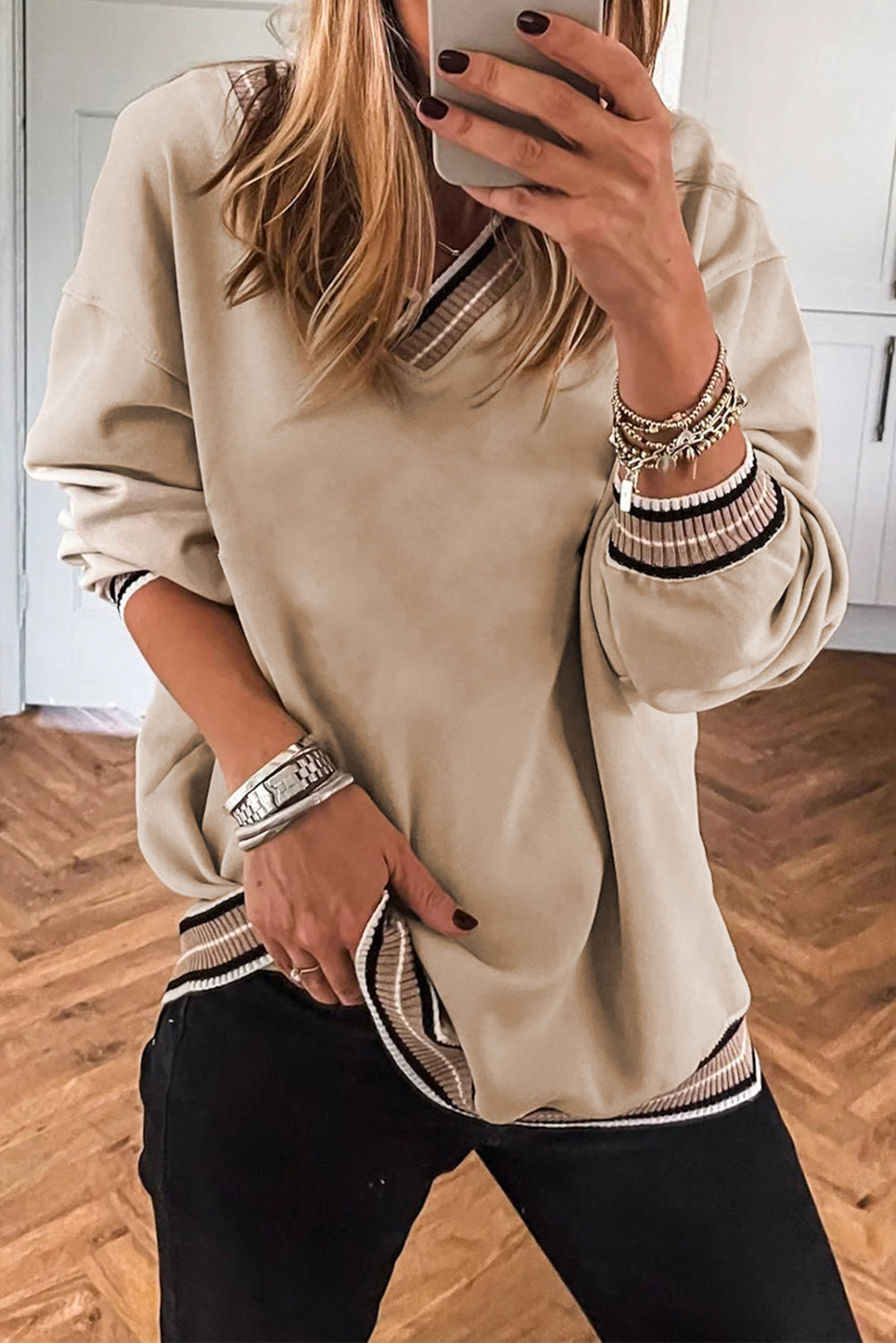 Gray Varsity Contrast Trim V Neck Sweatshirt