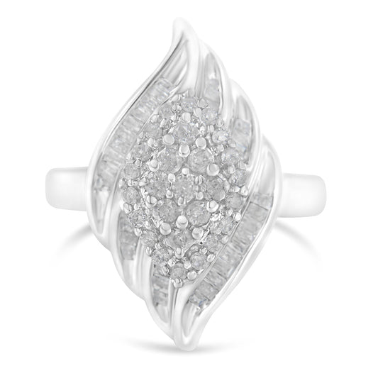 .925 Sterling Silver Â¾ Cttw Round and Baguette Cut Diamond Stair-Stepped Cluster Waterfall Cocktail Ring (I-J Color, I2-I3 Clarity) - Size 6