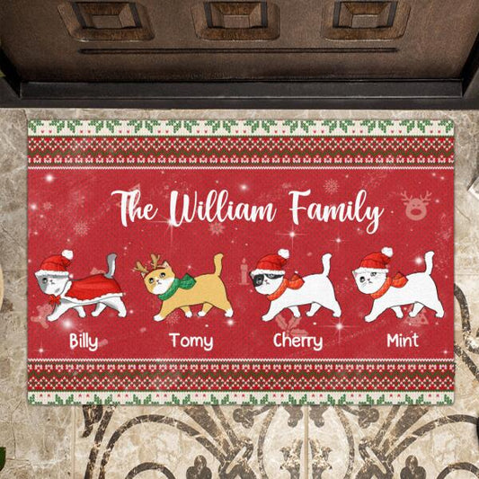 Custom Personalized Christmas Cat Doormat - Best Gift For Cat Lovers - Family Name