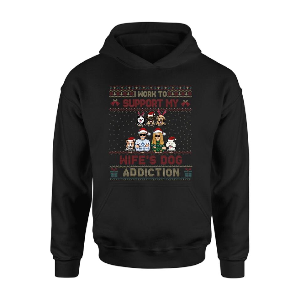 Personalized Xmas Couple Dog Shirt - Up to 5 Dogs - Gift For Dog Lovers/Couple - I Work To Support My Wife's Dog Addiction