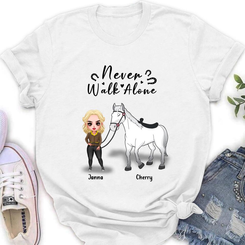 Personalized Horse Girl Chibi Hoodie/Sweatshirt/T-shirt/Long Sleeve - Gift For Horse Lovers with up to 2 Horses - Never Walk Alone