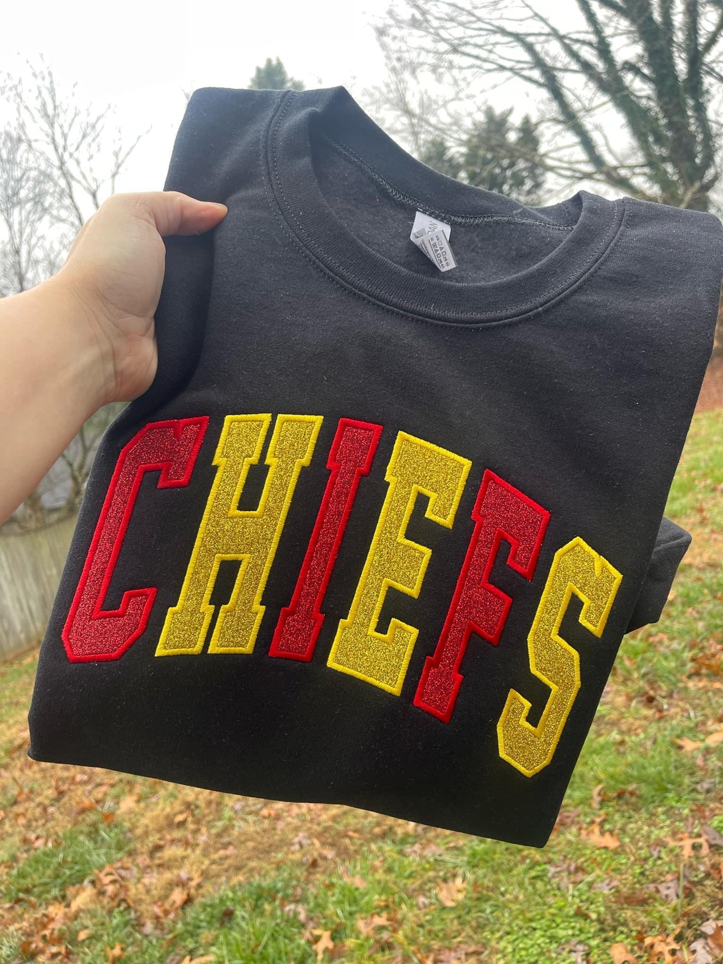Varsity Two Color Glitter Applique Embroidered Shirt | Custom Personalization Available