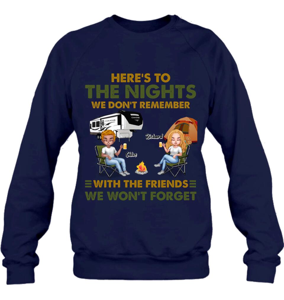 Personalized Camping Friends Shirt/Pullover Hoodie - Up to 7 People - Gift Idea For Friends/Camping Lover - Here's To The Nights We Don't Remember With The Friends We Won't Forget