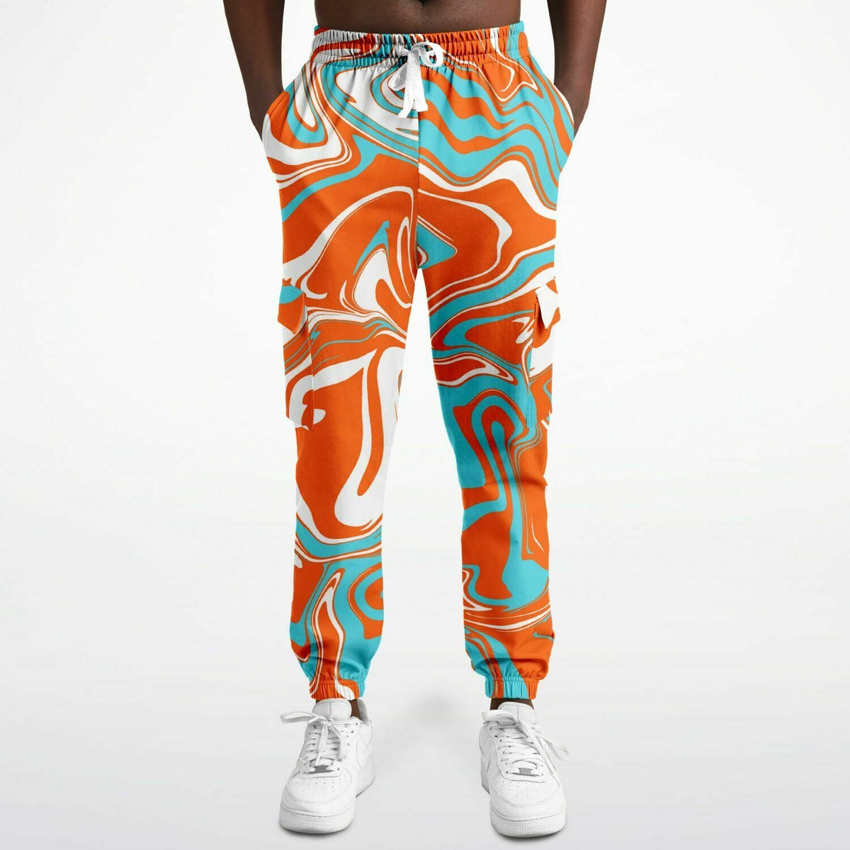 Orange Turquoise and White Oil Spill Unisex Cargo Joggers (Fleece Lined)