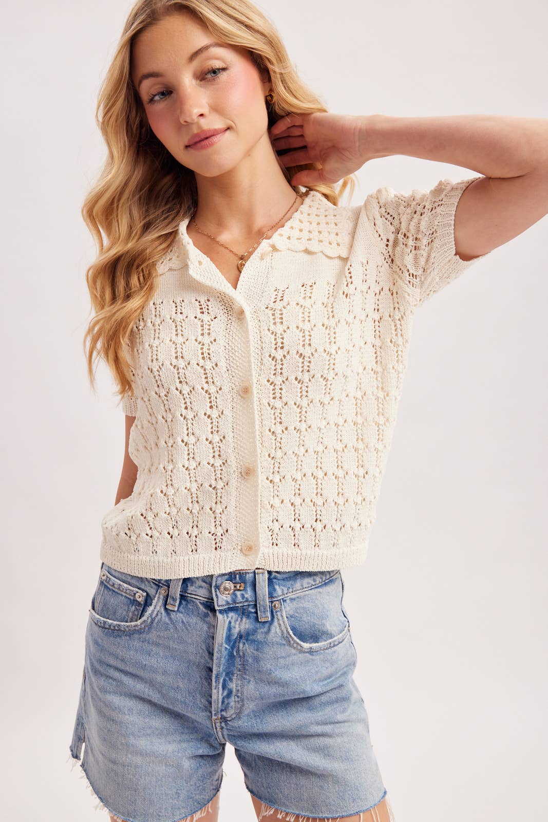 POINTELLE BUTTON DOWN SHIRT KNIT CARDIGAN: IVORY