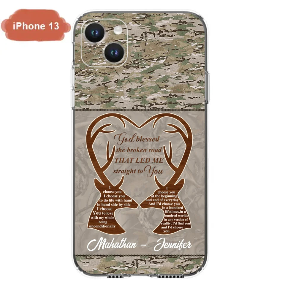 Custom Personalized Deer Hunting Heart Phone Case - Gift Idea For Couple - God Blessed The Broken Road That Led Me Straight To You - Case For iPhone And Samsung