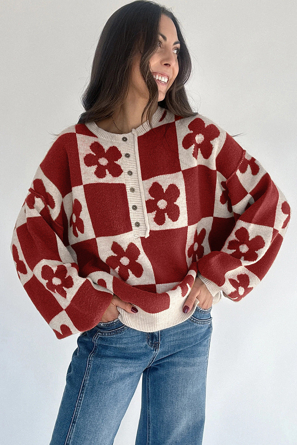 Black Flower Plaid Henley Baggy Sweater