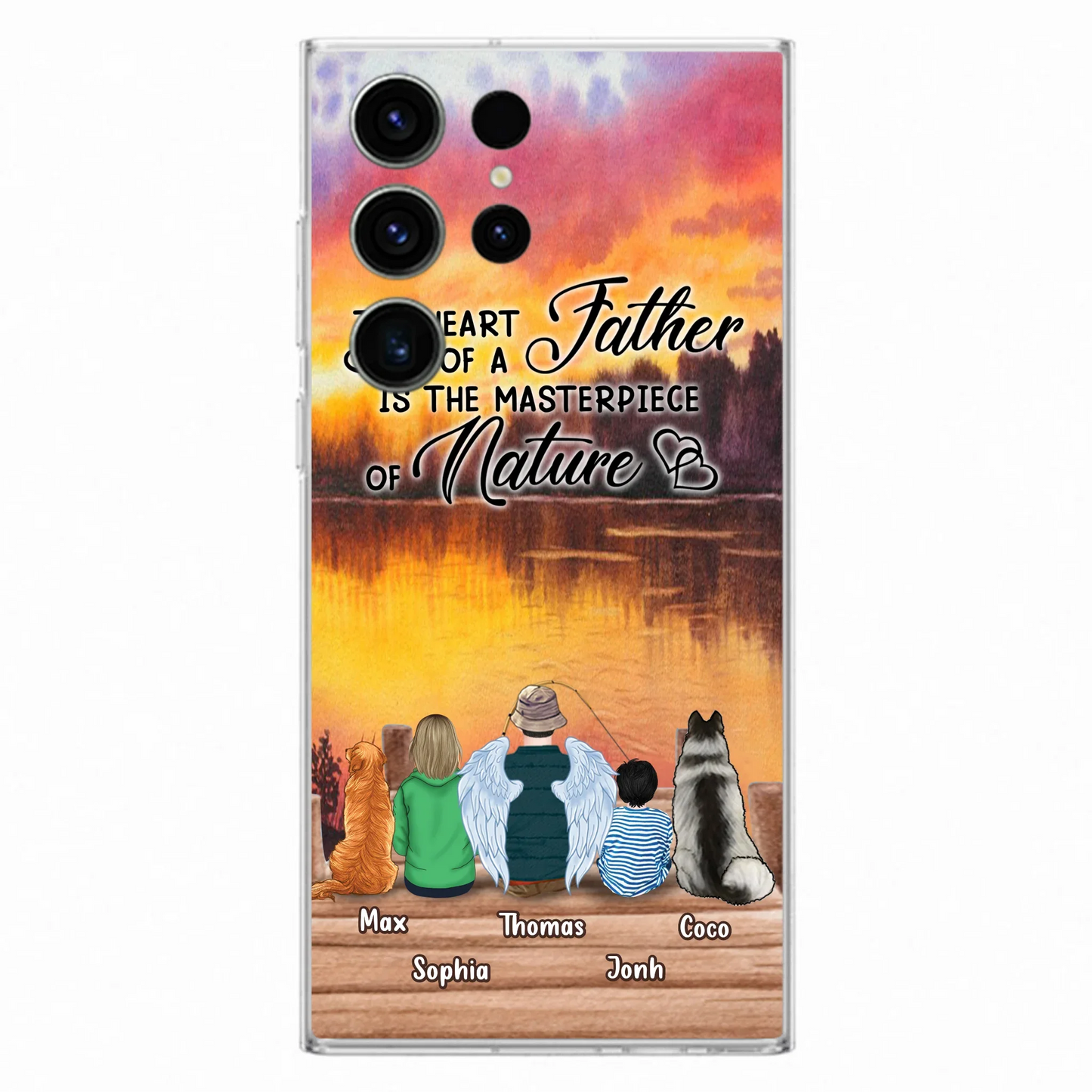 Custom Personalized Father Fishing Phone Case - Father With Up to 2 Kids And 2 Pets - Gift Idea For Father/ Fishing Lover - The Heart Of A Father Is The Masterpiece Of Nature - Case For iPhone And Samsung