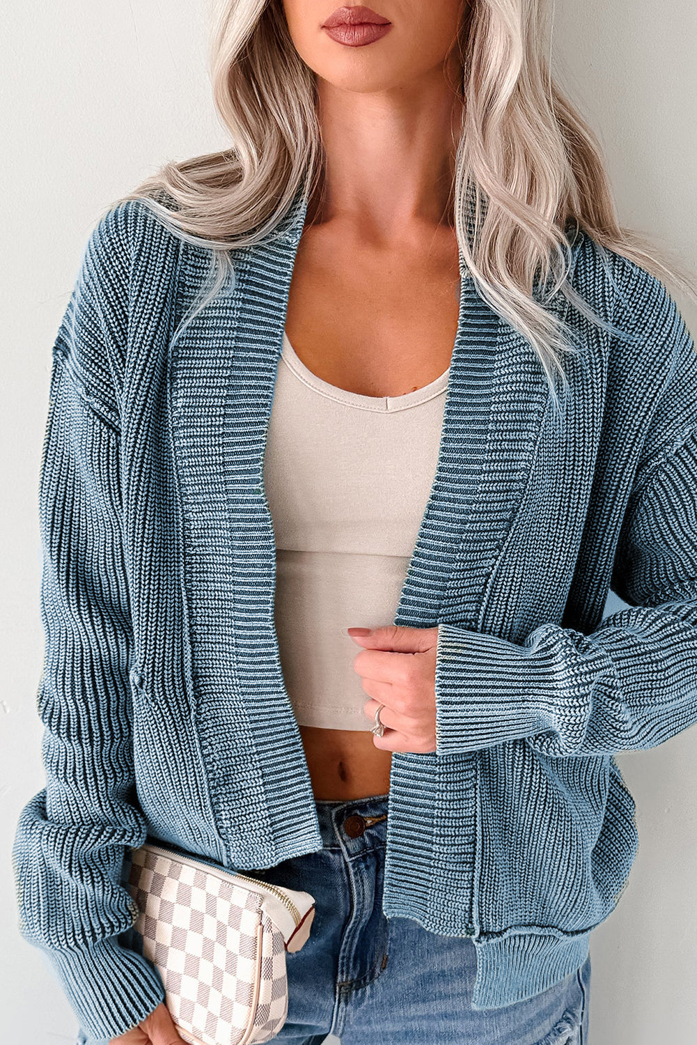 Chestnut Mineral Wash Exposed Seam Patchwork Knit Open Sweater Cardigan