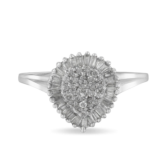 10K White Gold 1/2 Cttw Round & Baguette Cut Diamond Pear Shaped Domed PavÃ© Cluster with Halo Cocktail Ring (H-I Color, SI1-SI2 Clarity) - Size 5